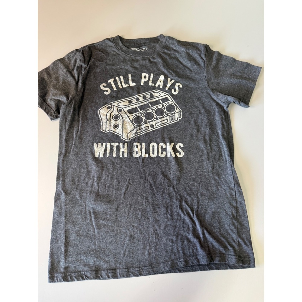 Crazy Dog Still Plays With Blocks Engine Graphic T-Shirt Mens Medium Charcoal